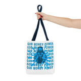 God Money Power Graphic Tote Bag — Blue Urban Goddess All-Over Print Tote