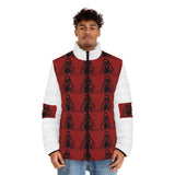 Red Graphic Puffer Jacket — Repeated Hooded Figure Print