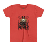 Youth Tee — 'God Money Power' Skull Graphic Shirt