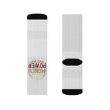 Money Power Graphic Sublimation Socks — Novelty Crew Socks with Retro Badge