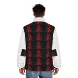 Men's Puffer Jacket — Red & Black Hooded Skeleton Pattern Winter Coat