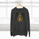 Three-Panel Fleece Hoodie — Vintage Gold Priest Graphic “God Money Power”