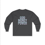 God Money Power Long Sleeve Tee — Retro Neon Graphic Faith & Hustle Shirt