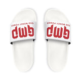 Youth Slides — White Removable-Strap Sandals with "GMP (God Money Power)" Red Logo