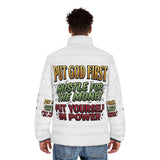 Puffer Jacket — "Put God First, Hustle for the Money, Put Yourself in Power" Inspirational Graphic