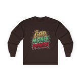 Long Sleeve Tee — 'God Money Power' Bold Graphic Spiritual Streetwear