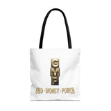 God • Money • Power Tote Bag — Inspirational Gold Block Design