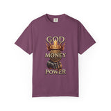 God Money Power T-Shirt — Crown, Coin & Fist Graphic Tee