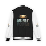 Letterman Jacket - "GOD MONEY POWER" Graphic Varsity Jacket with Chest Logo