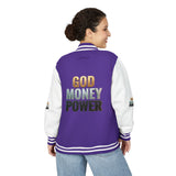 Letterman Jacket - "GOD MONEY POWER" Graphic Varsity Jacket with Chest Logo