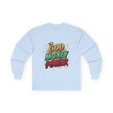 Long Sleeve Tee — 'God Money Power' Bold Graphic Spiritual Streetwear