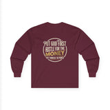 Long Sleeve Tee — “Put God First, Hustle for the Money” Inspirational Faith Shirt
