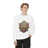 God Money Power Sweatshirt - Vintage Crest Graphic Crewneck