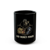 God • Money • Power Black Ceramic Mug — Religious Icon & Wealth Symbol Coffee Cup (11oz/15oz)