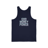 God Money Power Tank Top — Blue Graphic Faith & Hustle Sleeveless Shirt