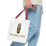 God • Money • Power Tote Bag — Inspirational Gold Block Design