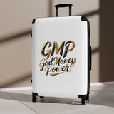 GMP 'God Money Power' Carry-On Suitcase — Gold Script Travel Luggage