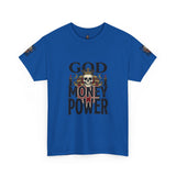 Graphic Tee — "God Money Power" Skull Design
