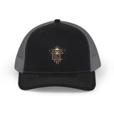 Trucker Cap — "God Money Power" Skull Graphic Snapback