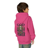 Youth Hoodie "God Money Power" Skull Graphic