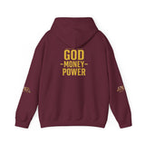 God • Money • Power Hoodie — White Pullover with Gold GMP Logo