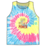Tie-Dye Tank Top — "God Money Power" Spiritual Graphic Summer Top