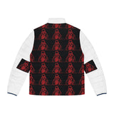 Men's Puffer Jacket — Red & Black Hooded Skeleton Pattern Winter Coat