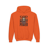 Youth Hoodie "God Money Power" Skull Graphic