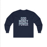 God Money Power Long Sleeve Tee — Retro Neon Graphic Faith & Hustle Shirt