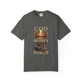 God Money Power T-Shirt — Crown, Coin & Fist Graphic Tee