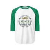 Raglan Shirt - God Money Power Vintage Laurel Baseball Tee