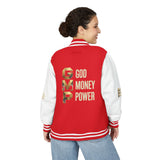 God Money Power Letterman Jacket — Red Varsity Bomber with GMP Gold Logo