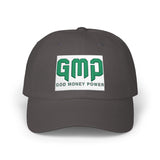 GMP 'God Money Power' Embroidered Classic Dad Cap — White Adjustable Baseball Hat
