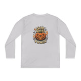 Youth Long Sleeve Tee — 'God Money Power' Halloween Pumpkin Graphic