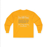 Inspirational Faith Hustle Long Sleeve Tee — “Put GOD First, Hustle For The MONEY, Put Yourself In POWER”