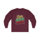 Long Sleeve Tee — 'God Money Power' Bold Graphic Spiritual Streetwear