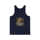 Spiritual Pyramid Tank — "God Money Power" Graphic Jersey Tank Top