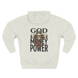 God Money Power-Hoodie — Skull Graphic Three-Panel Fleece Pullover