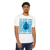 God Money Power Graphic T-Shirt — Blue Anime-Inspired Streetwear