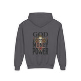 Youth Hoodie "God Money Power" Skull Graphic