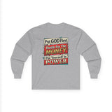 Long Sleeve Tee — “Put GOD First, Hustle for the MONEY, Put Yourself in POWER” Inspirational Graphic