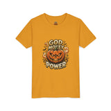 Youth Tee — "God Money Power" Halloween Pumpkin Graphic