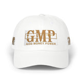 GMP 'Good Money Power' White Dad Cap — Distressed Gold Logo Baseball Hat