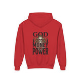 Youth Hoodie "God Money Power" Skull Graphic