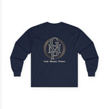 Long Sleeve Tee — Gold Monogram GMP Logo “God, Money, Power”