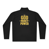 God • Money • Power Quarter-Zip Pullover — Bold Gold Graphic