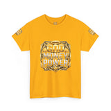 Graphic Tee — "God Money Power" Gold Crest T-Shirt