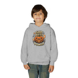 Halloween Pumpkin Hoodie — “God Money Power” Graphic Youth Sweatshirt