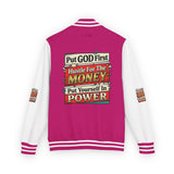 Letterman Jacket — "Put GOD First, Hustle For The MONEY, Put Yourself In POWER" Inspirational Varsity Coat