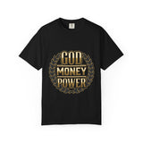God Money Power T-Shirt — Bold Gold Laurel Graphic Tee